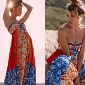 Free People Strapless Dress in Red and Blue Floral